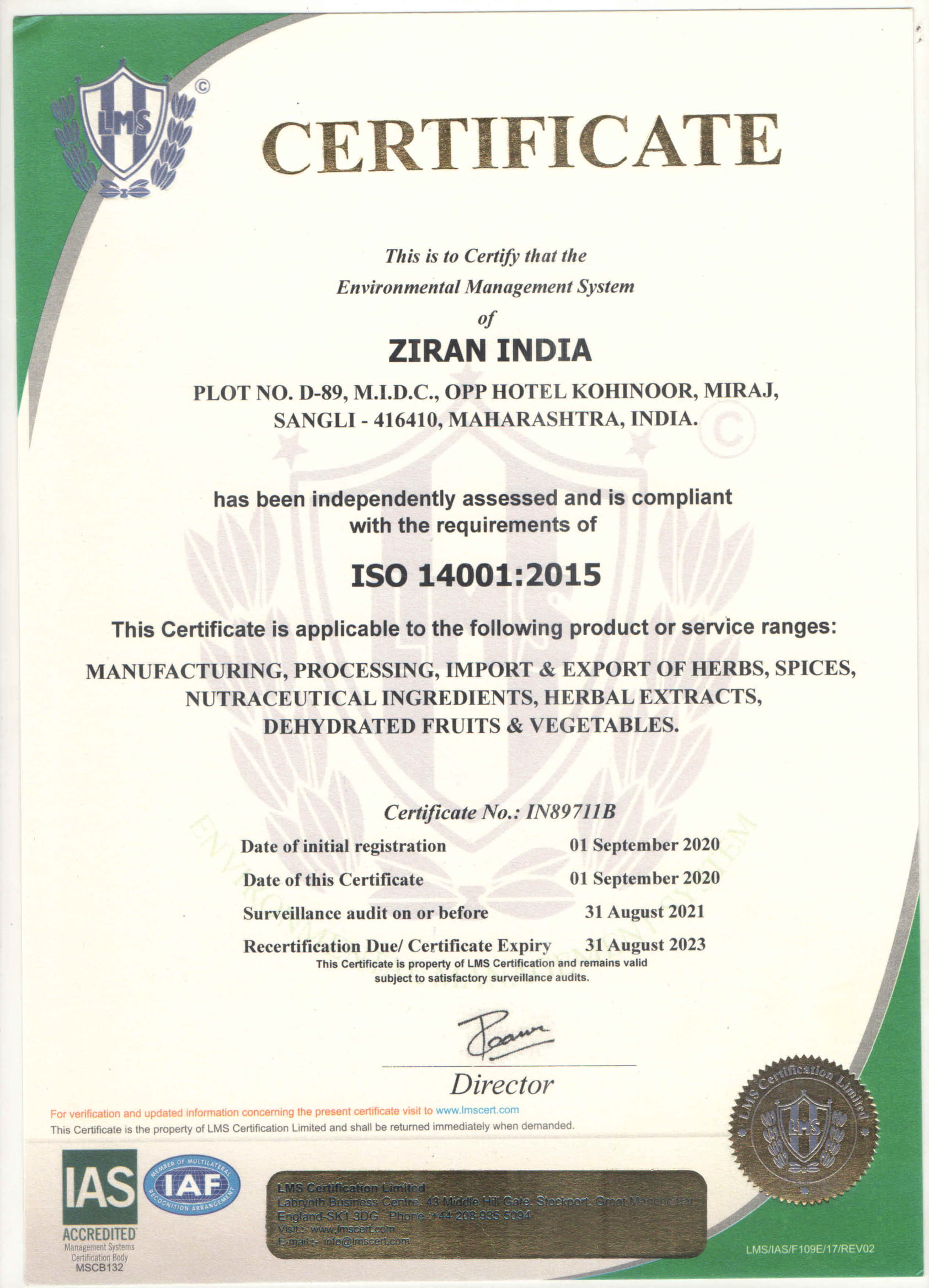 ISO 14001 2015 Certificate