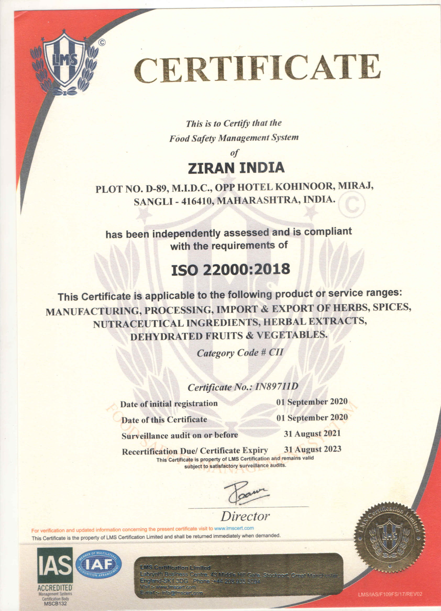 ISO 22000 2018 Certificate